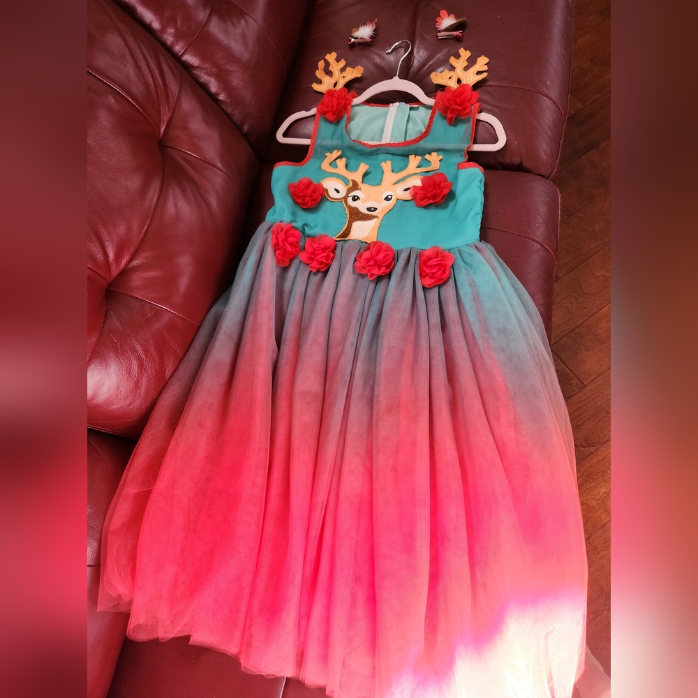 Kids Reindeer Costume Dress - Teal and Red Size S